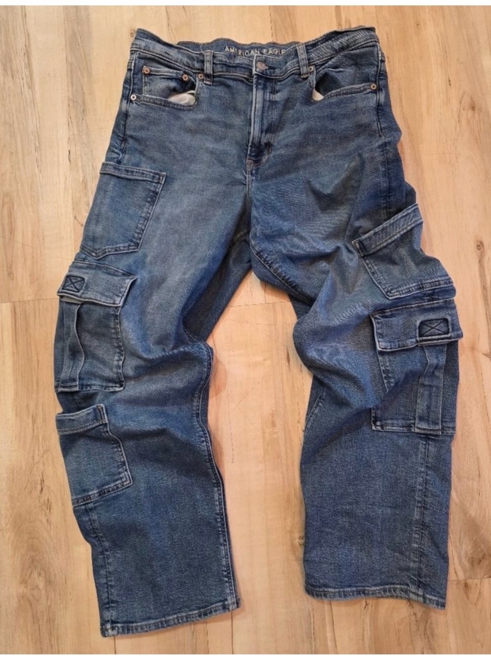 American Eagle Super High Rise Baggy Straight Cargo Jeans Sz 14R